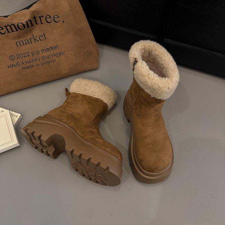 2025 neue Schneestiefel mit dicker Sohle Damen Winter Samt verdickt Lammwolle Nordost warme Baumwollstiefel beliebte mittelhohe Stiefel