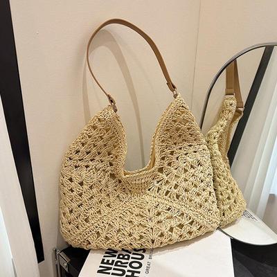 Summer Straw Knitting Bag Hollow Out Tote Bag Solid Color Beach Shoulder Bag Holiday Travel Handbag Boho Shoulder Purse for Wome