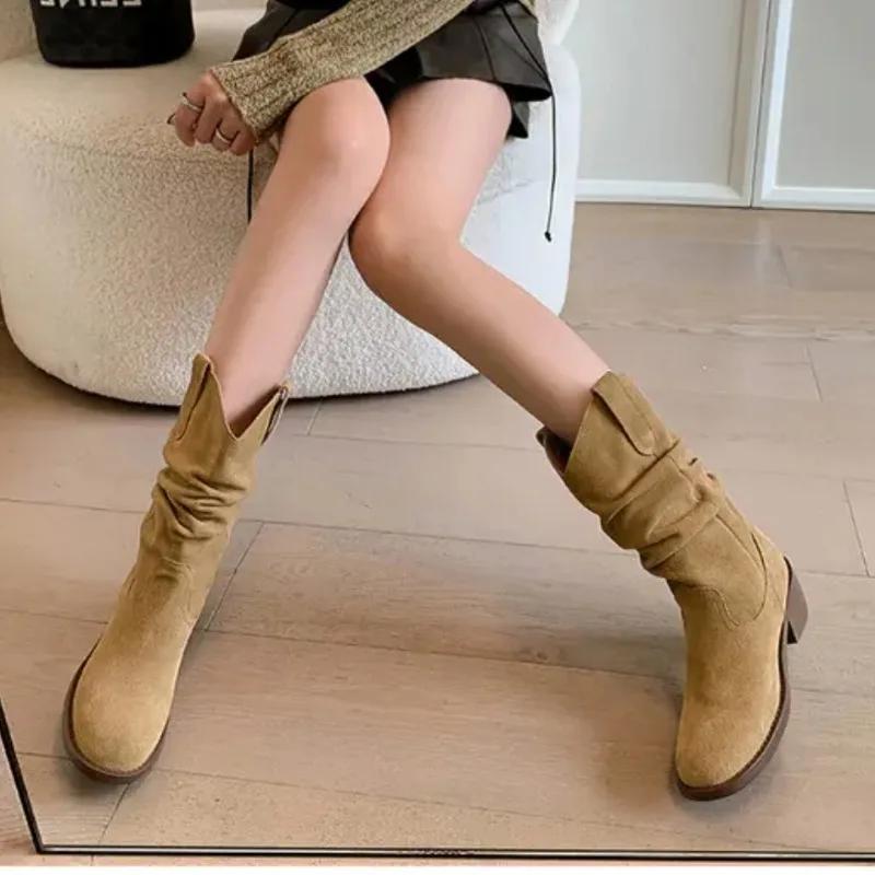 

мода 2024 Горячая Распродажа Женская Обувь Женские Сапоги Без Застежек Модные Плиссированные Современные Сапоги Женские Сексуальные Сапоги До Середины Икры С Острым Носком Zapatos Mujer 40 абрикосовый