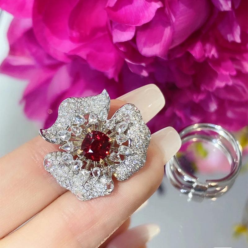 Radiant Ruby Flower Women's Open Ring - High-End Luxury & Trendy Design
