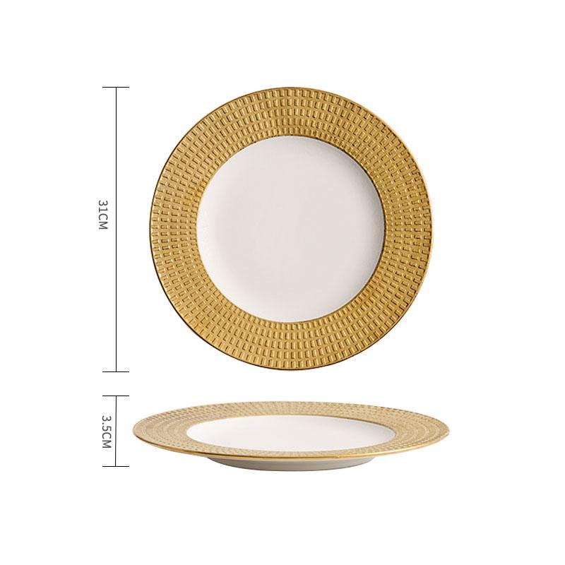 Relief Textured Ceramic Shallow Plate White Gold Steak Plate Pasta Plate Dessert Dish Snack Plates Hotel Creative Tableware