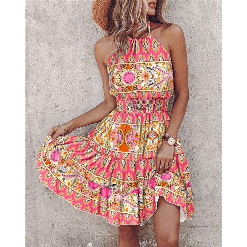 Sexy Strapless Halter Neck Women's Printed Dress Women