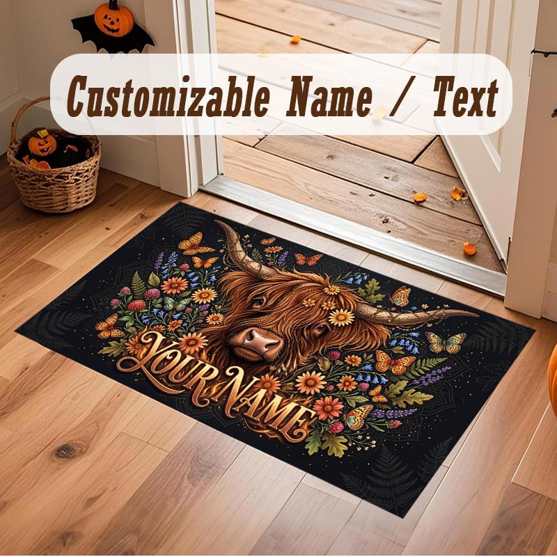 Highland Cow Theme Soft Crystal Velvet Rug Custom Name & Text Print Non Slip Floor Rug for Bedroom Living Room