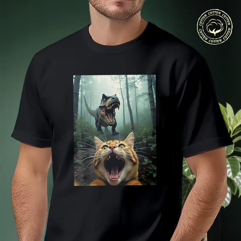 Cat Selfie With T-Rex Dinosaur Graphic Motorcycle T-Shirt Men Hip Hop Streetwear Unisex Casual