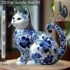 Elegante Blau-Weiße Porzellan Katze Acryl Schreibtischdeko, 2D Flaches Kunstdesign, Boho Stil für Home Office Bar Cafe, Perfektes Geschenk für Katzenliebhaber, Valentinstag