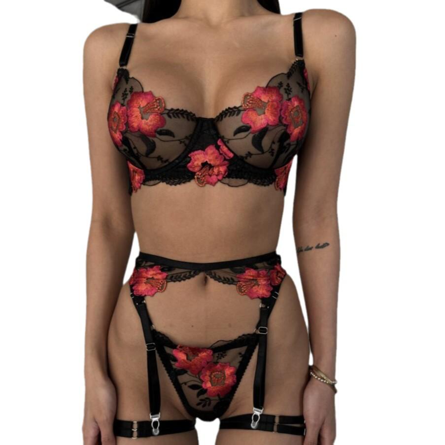 "Sexy European & American Mesh Lingerie Set: Ultra-Thin, Steel Ring Top Support with Floral Embroidery & Garters"