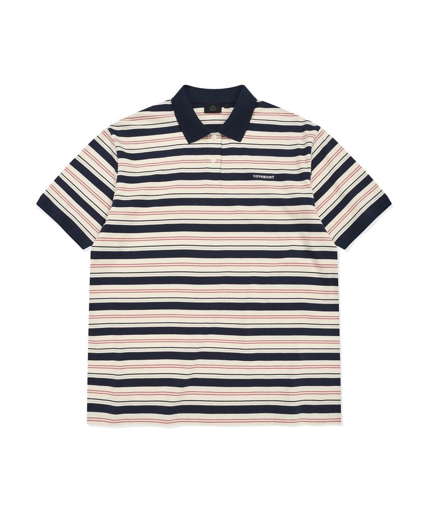 COVERNAT WOMAN Collared Stripe T-Shirt Navy