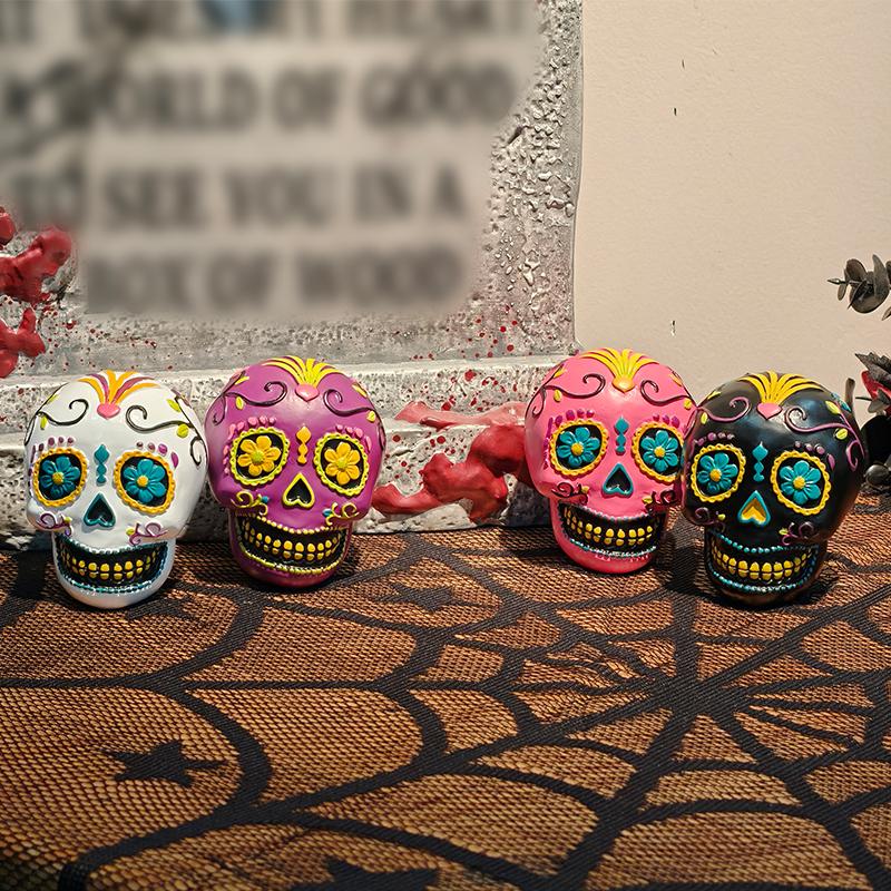 Day of the Dead Resin Painted Skull Head Statue Creative Decorative Ornament for Festive Commemorative Statue