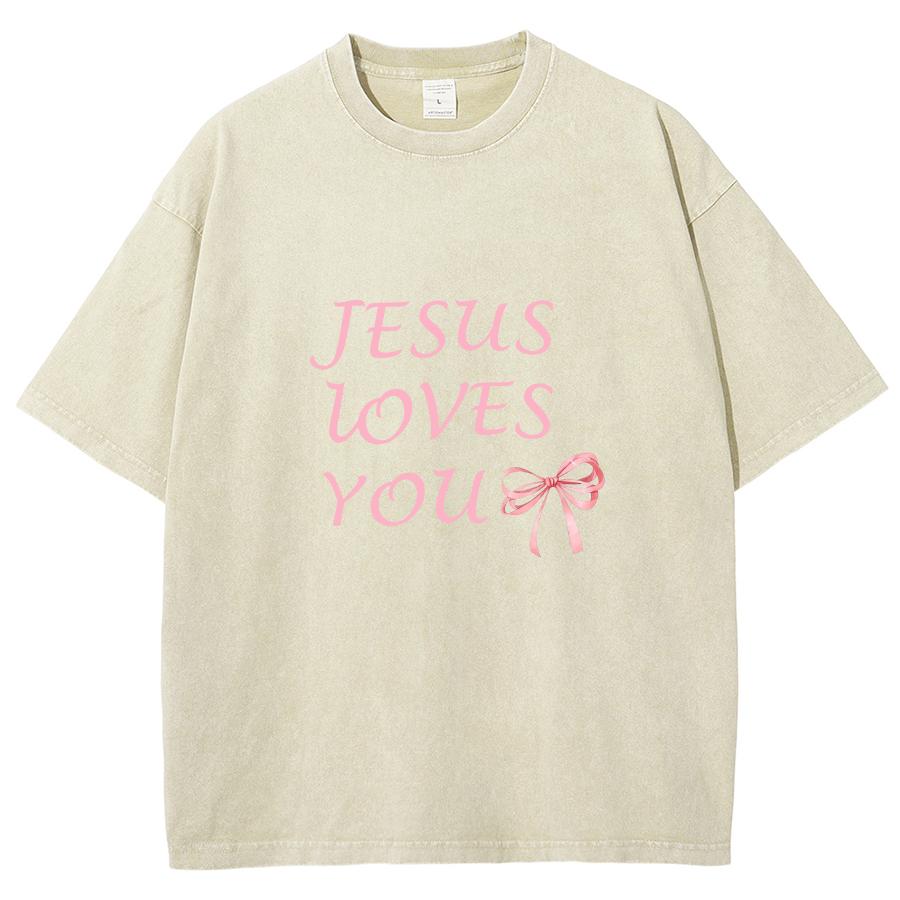 Pink Bow Letter Print Women's T-Shirt Washed Oversized Loose Mid Sleeve Casual Cute Sweetheart Beautiful Short Sleeve Top