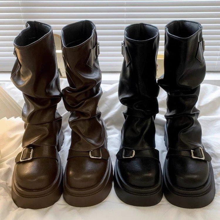 Korean thin and versatile thick-soled Martin boots women's 2025 new spring and autumn brown versatile belt buckle medium boots