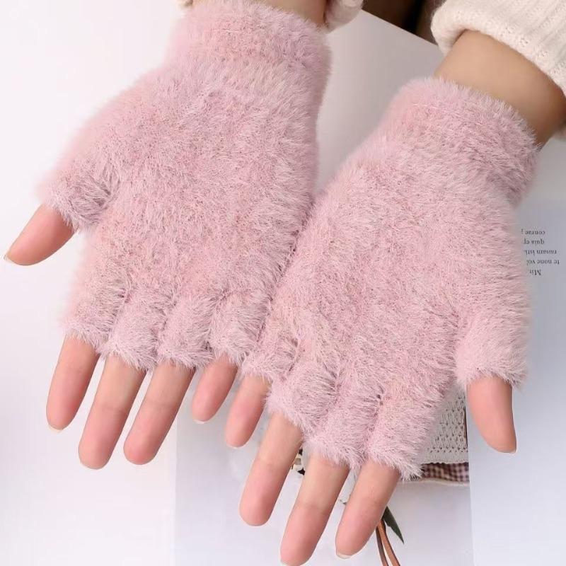 Simple plush gloves women's winter warm finger gloves solid color half finger uncovered student writing flat gloves