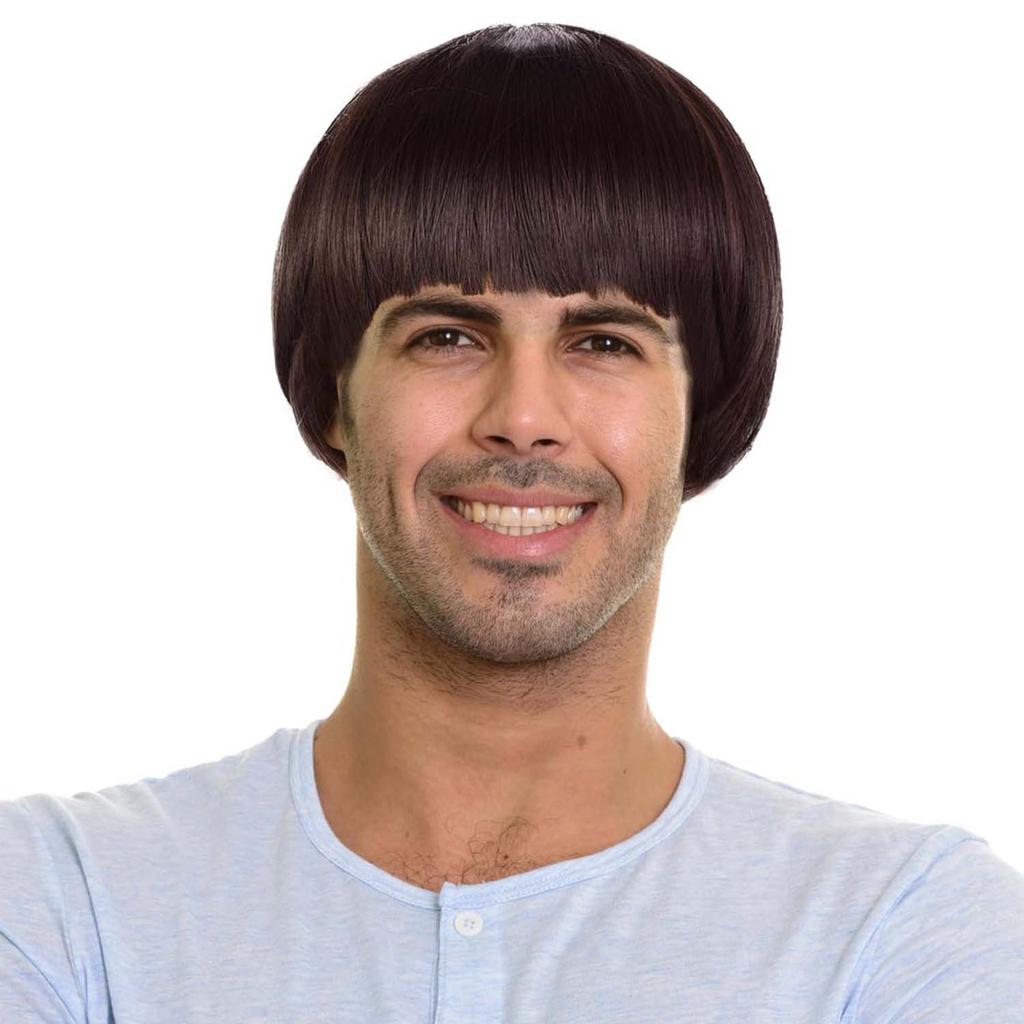 Synthetische Korte Bruine Paddenstoel Cosplay Pruik voor Mannen, Komvormig Kapsel, Anime Retro Pruik, Geschikt voor Films, Feest, Meerkleurige Pruik