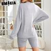 GMXIA Fashion Casual Sportswear Pajamas Women Spring and Autumn Models Solid Colour Long-sleeved Shorts Two-piece Homewear