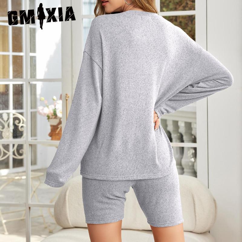 GMXIA Fashion Casual Sportswear Pajamas Women Spring and Autumn Models Solid Colour Long-sleeved Shorts Two-piece Homewear