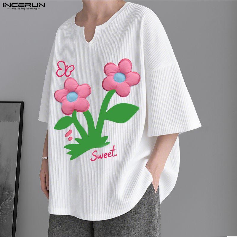 INCERUN Oversized Men Round Neck Short Sleeve 3D Flower Print Stitching Casual Rib T-shirts Tops
