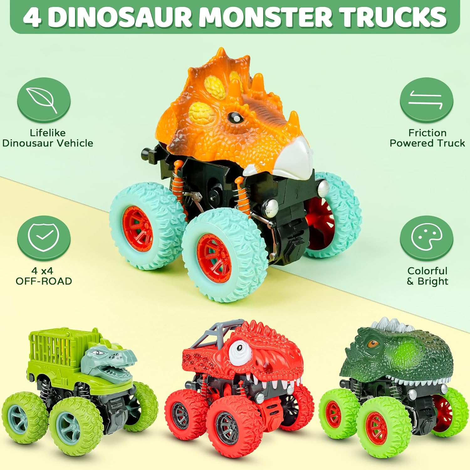 Beestech Dinosaur Toys for 2 3 4 5 Year Old Boys, Push & Pull Friction Powered Dinosaur Monster Truck Vehicles for Toddlers Preschoolers Birthday