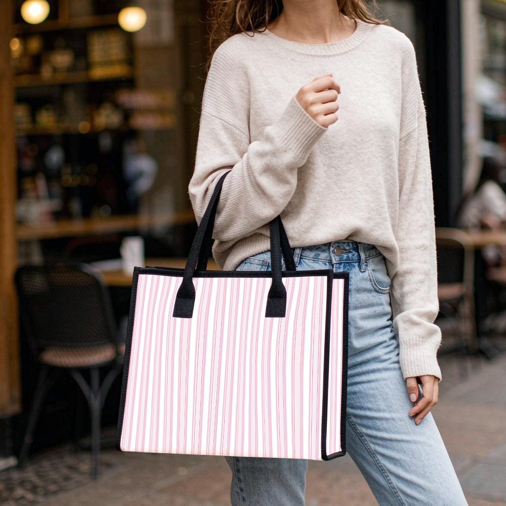Pink Striped Canvas Tote Bag Casual Large Capacity Handbag for Daily Use