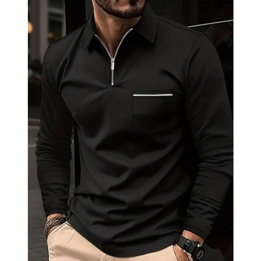 Long Sleeve Lapel Zip Chest Pocket Polos Shirts Streetwear Tops Men's Casual Spring Autumn Sports Polo Shirt