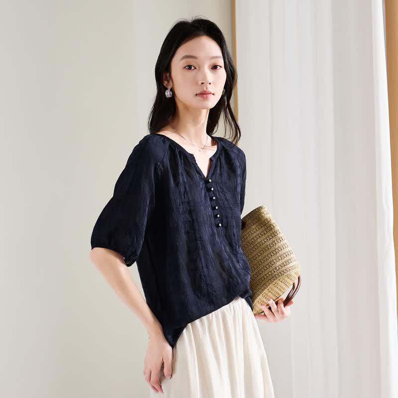 SOFSIL Women s V-Neck Puff Sleeve Loose Blouse M