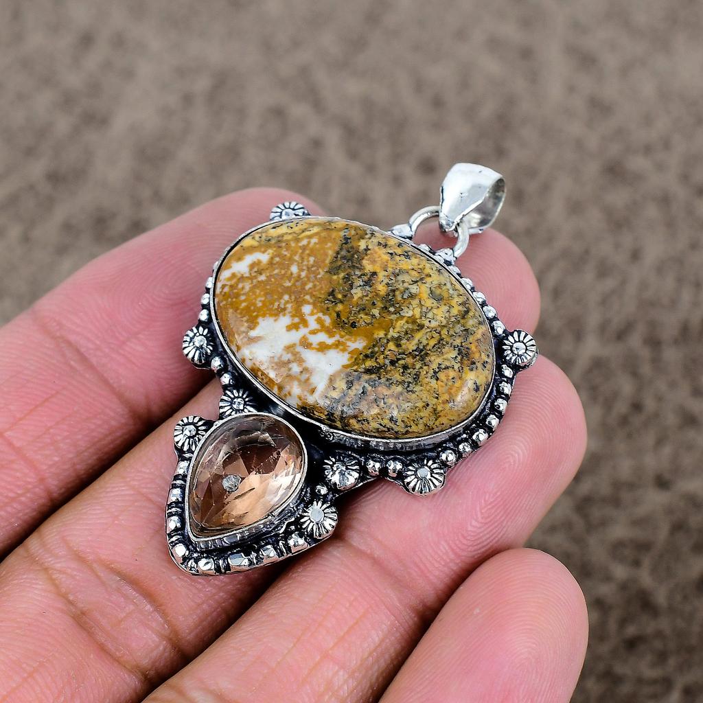 Ocean Jasper, Morganite Gemstone 925 Sterling Silver Jewelry Pendant 2.05" KKG-347