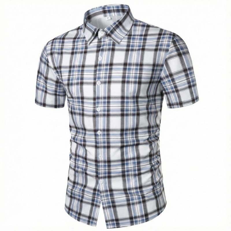 Men Casual Slim Fit Short Sleeve Plaid Business Shirt