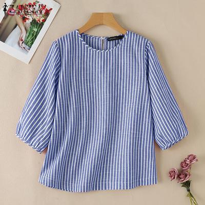 Damen Casual O-Ausschnitt Locker Gestreift 3/4 Ärmel Bluse