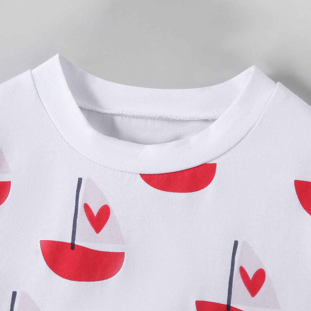 2-7 Jahre Mädchen Baumwollmischung Oberteile Kleinkind Freizeit Kinder T-Shirt Niedlicher Herz Segelboot Druck Sommer Kinder Rundhals Kurzarm T-Shirts