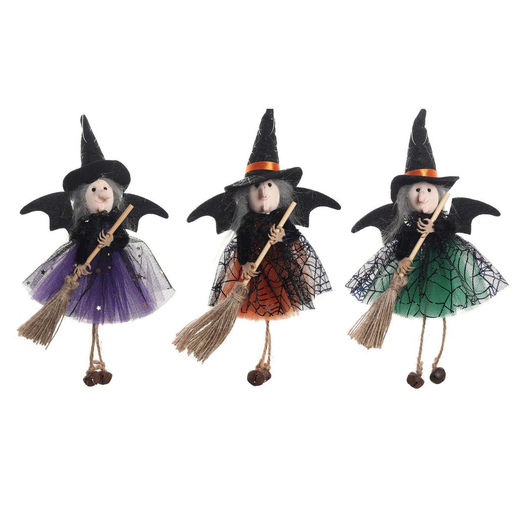 Halloween Ghost Witch Pendant with Broom and Gauze Skirt - Hanging Decoration Toy