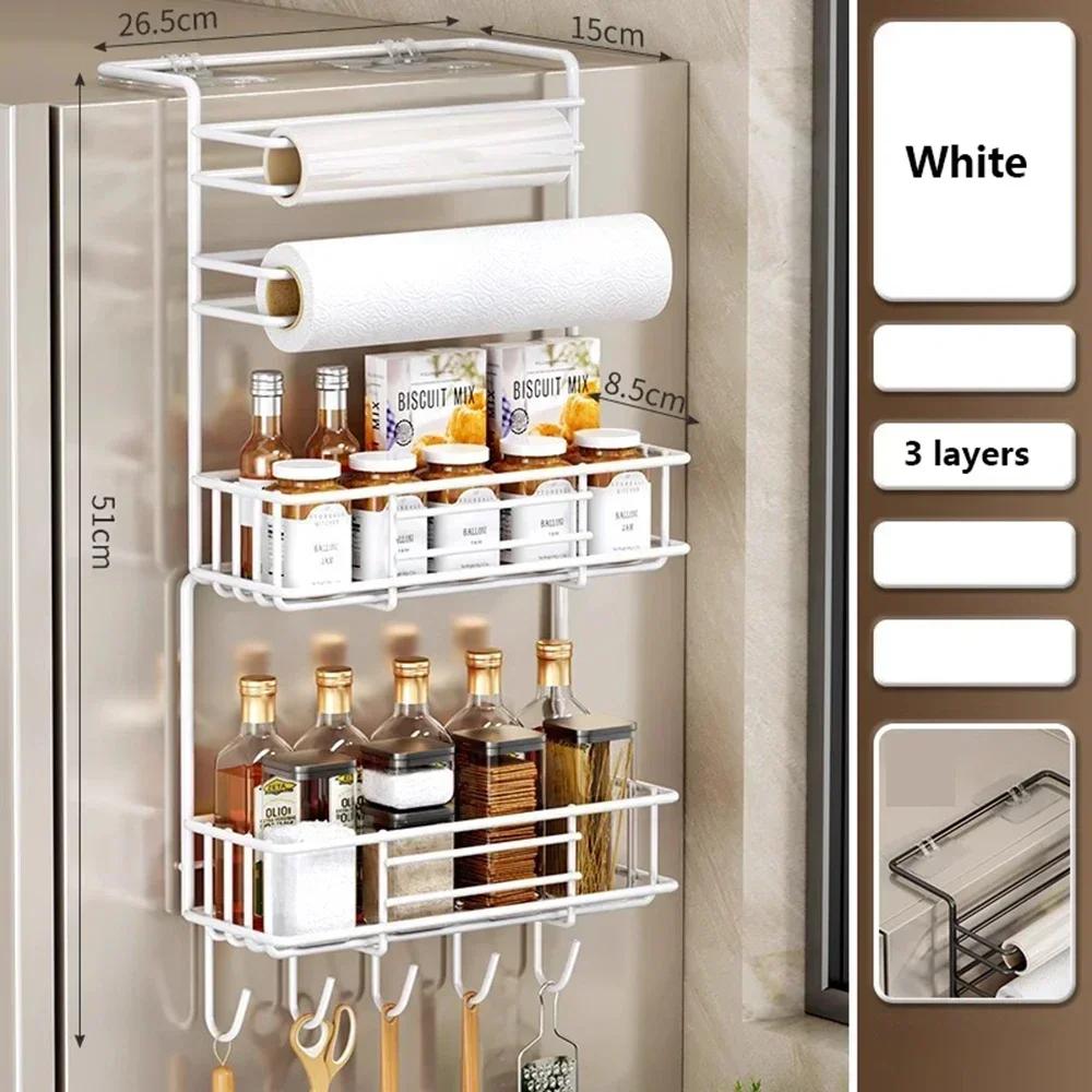 Refrigerator Storage Rack Side Hanging No-nail Sticker Tissue Paper Holder Cling Film Roll Paper Kitchen Seasoning Organizer