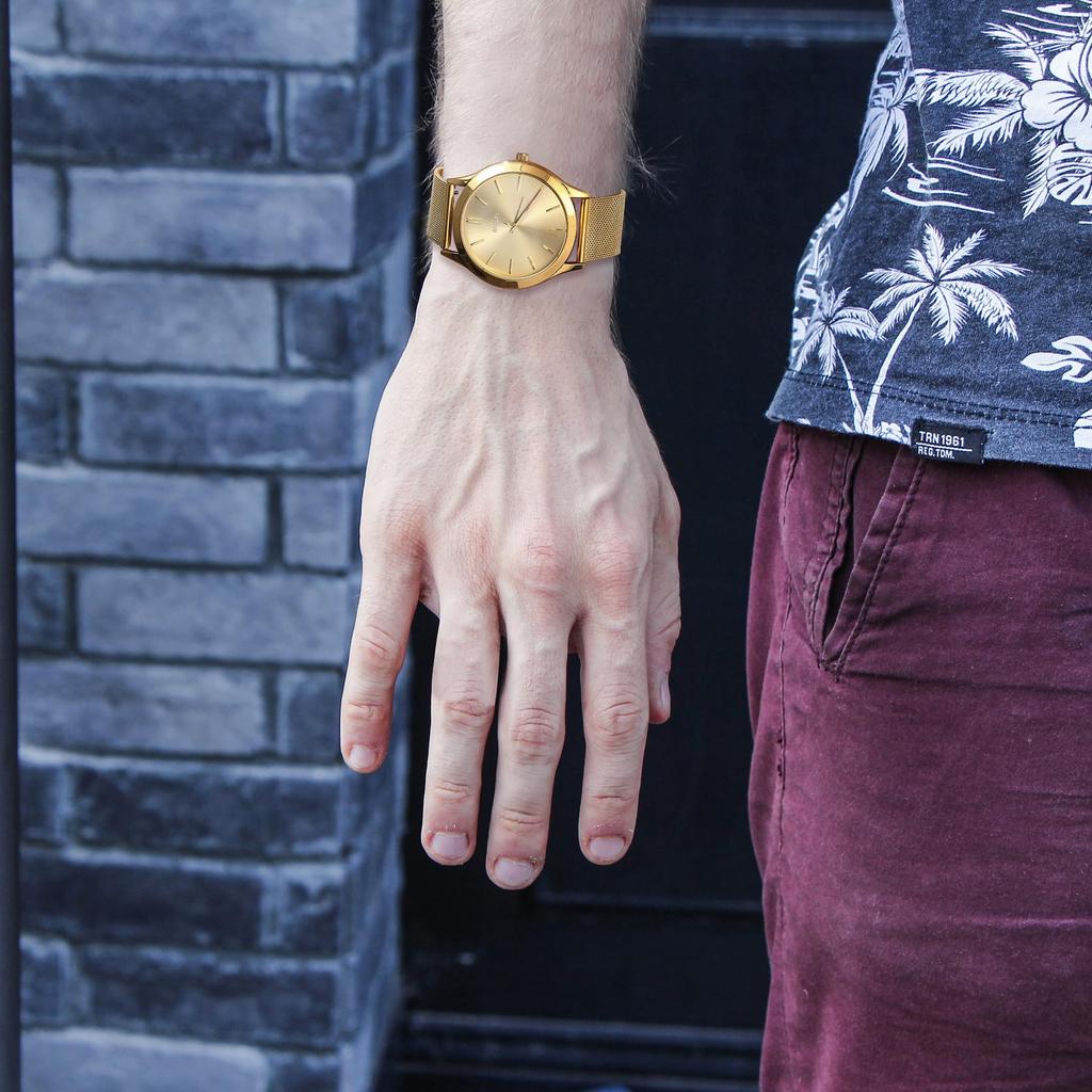 BUREI Analog Quartz Stainless Steel Strap Men's Watch, Waterproof, Popular, Slim, Simple, Stylish, Business, Casual, (Gold)