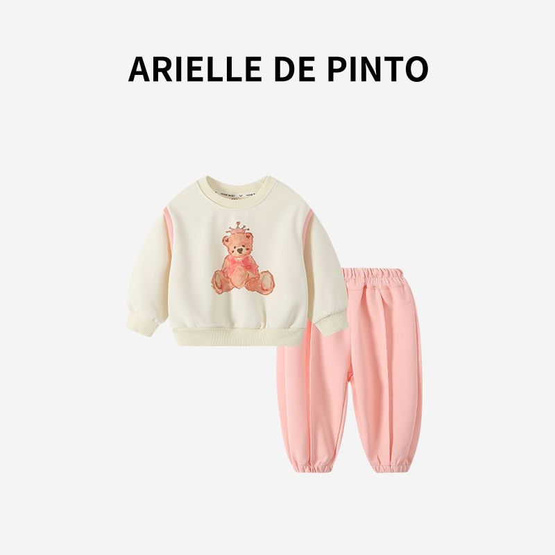 French Arielle De Pinto Girls Printed Cartoon Sweatshirt Set Autumn Style Sweet and Cute Girls Clothing Pink 100