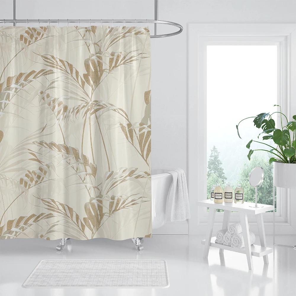 Rose Gold Shower Curtain Pink Gold Tropical Leaves Modern Luxury Bathroom Shower Curtains Fabric Bath Curtain Set with Hooks