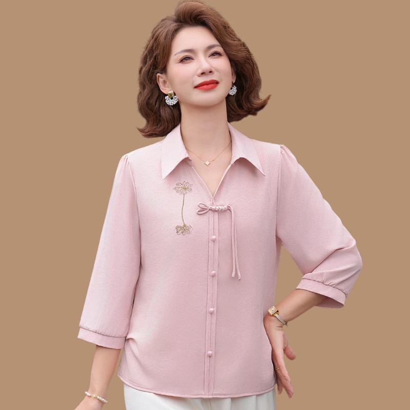 

Elegant Chiffon Seven-Sleeve Shirt for Middle-Aged and Elderly Women - Spring/Summer Chinese Style 2XL 105-120 lbs