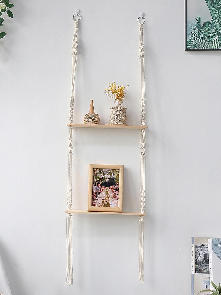2-tier Floating Wall Shelf With Wooden Beads Home Decoration Boho Plant Flower Pot Tray Nordic Room Swing Display Shelf Art Gift