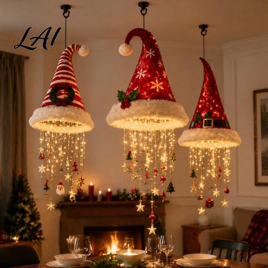 Indoor Outdoor Hanging Lantern, Christmas Hat Xmas Decor Glowing Santa Cap Decorative Light