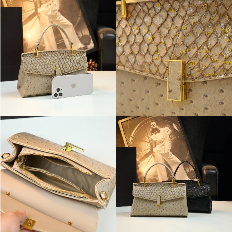 Borsa da Mano da Donna di Alta Gamma con Texture, Modello Struzzo Kelly, Piccola Borsa a Spalla Singola o a Tracolla, Borsa da Donna