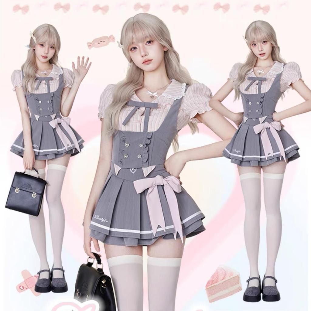 Ligwon Gothic Lolita JK Uniform Set with Mini Pink and Harajuku Korean Christmas Women's Skirt, Gray, Style, Style, Spring, Summer, Autumn, Halloween,