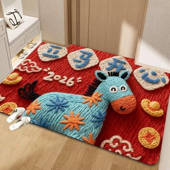 Chinese New Year Red Area Rug 2026 Year of The Horse Shower Rug Non-slip Welcome Door Mat for Living Room Entryway Front Door Kitchen Bathroom