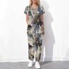 Women Plus Size Floral Printed Scrub Set Cutout Neck Short Sleeve Pocket Top Long Pants Two Piece