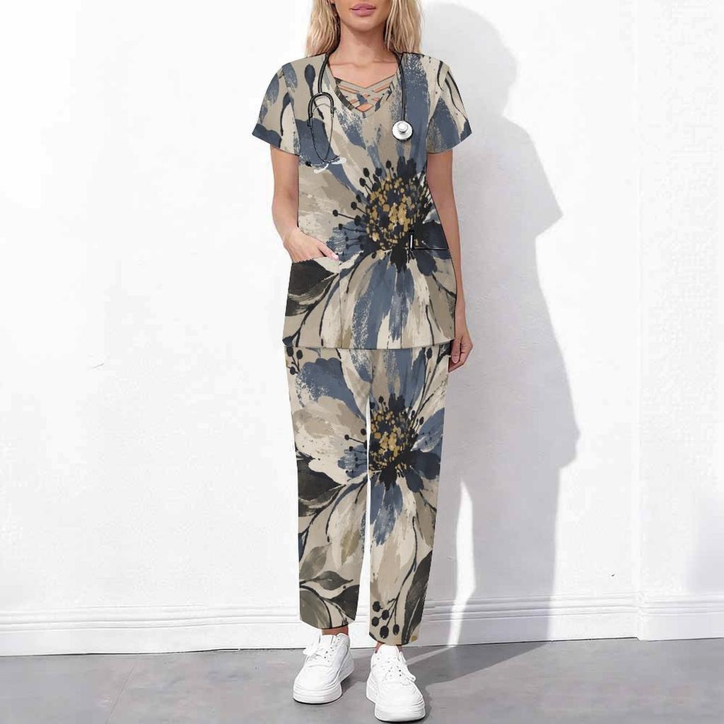 Women Plus Size Floral Printed Scrub Set Cutout Neck Short Sleeve Pocket Top Long Pants Two Piece