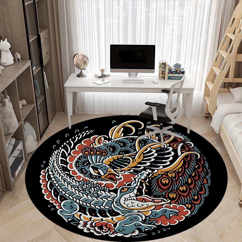 1pc Dragon Phoenix Office Round Area Rug, Indoor Mat Suitable For Office, Under Office Chairs Bedroom Living Room Home Decor, Room Deco