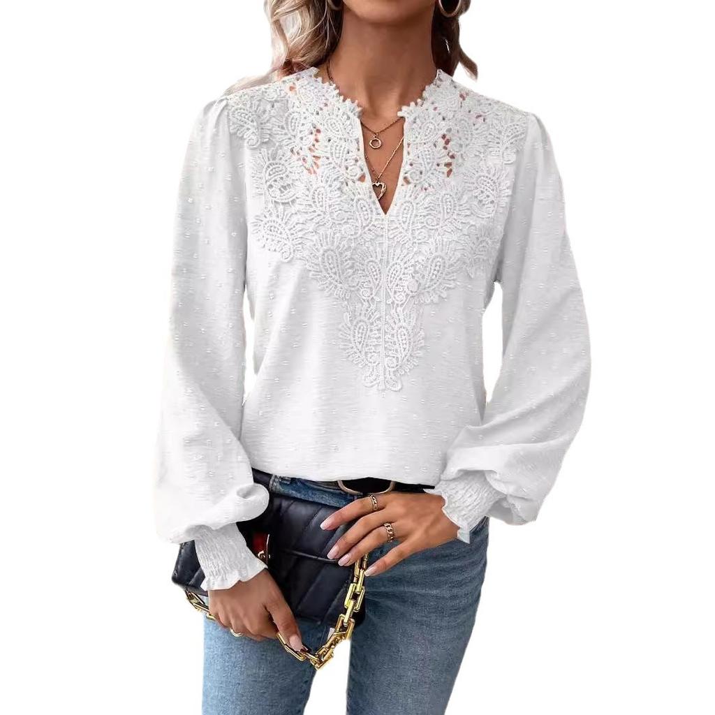 2025 Autumn/Winter New Collection, Fashionable V-neck, Lace, Solid Color, Long Sleeve, Casual Top, Women's Top, Autumn/Winter Interior, Elegant Design
