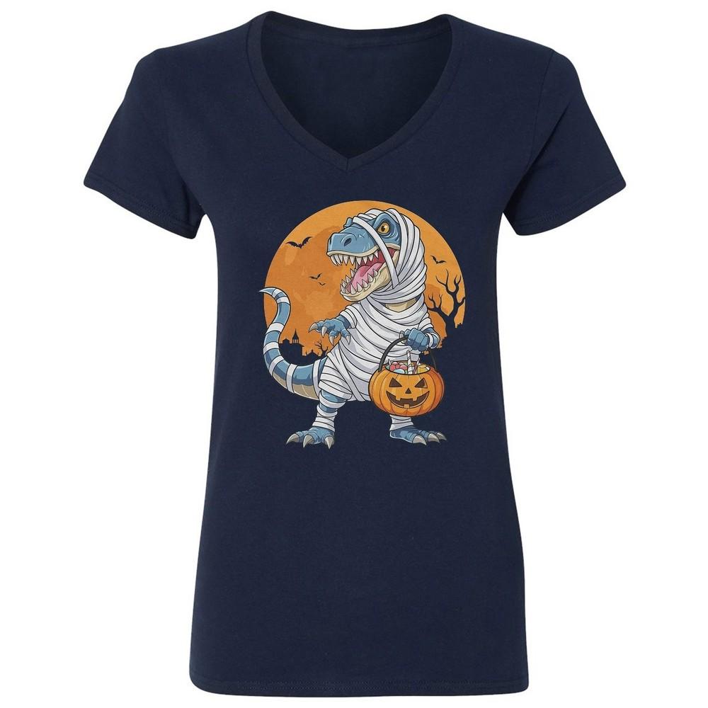 

Trick-or-Treat wbr/ ing Mummified T-Rex - Funny Halloween Ladies V-Neck Tshirt Unisex T-Shirt S