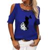 Women Casual Off Shoulder Tee Shirt Summer&fall Round Collar Short Sleeve Top Female Fashion Cat Printed T-shirt