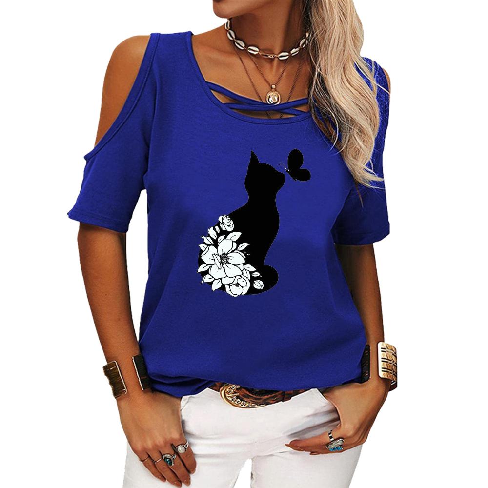 Women Casual Off Shoulder Tee Shirt Summer&fall Round Collar Short Sleeve Top Female Fashion Cat Printed T-shirt