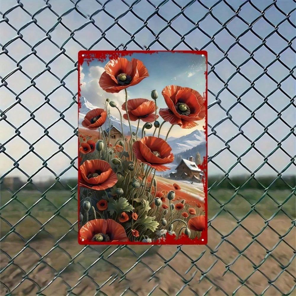 1pc Vintage Heart Metal Wall Art, Red White Poppy Rustic Iron Sign, 8x12 Inch Floral Decor for Home Cafe Office