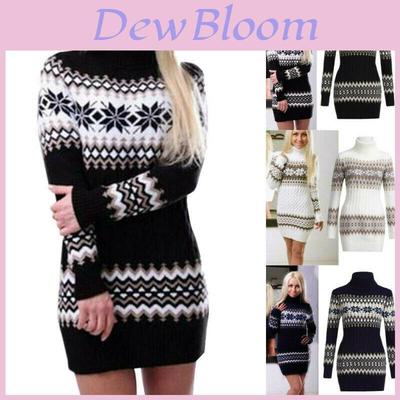 Elegant Christmas Woman Turtleneck Sweater Dress With Festive Snowflake Pattern