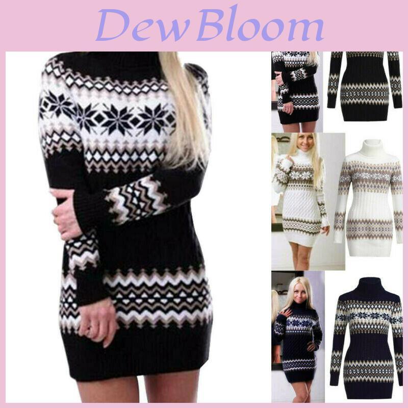 Elegant Christmas Woman Turtleneck Sweater Dress With Festive Snowflake Pattern