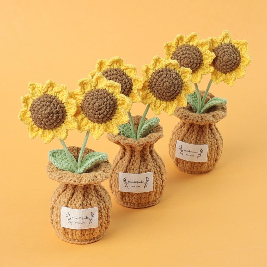 Retro Crochet Sunflowers Artificial Flowers Decoration Handwoven Crochet Plants Kintted Flower Table Decor