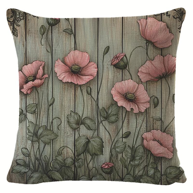 Spring Pink Flower Linen Printed Pillowcase, Nordic Festival Decoration, Simple Living Room Cushion